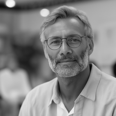 Elderly man with glasses and beard smiling indoors in black and white
