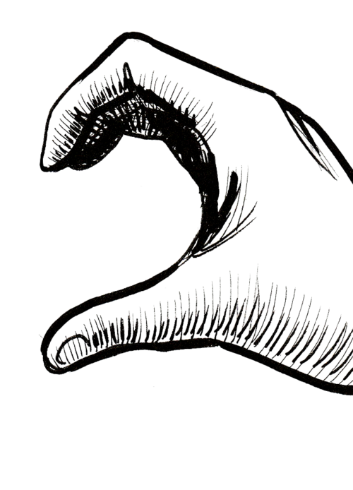Sketch of a hand forming a wave shape with detailed line drawing and shading